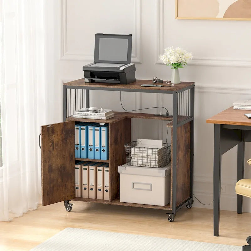 Anmytek Printer Stand with Storage Shelf Lateral Office Filing Cabinets with Socket and USB Charging Port