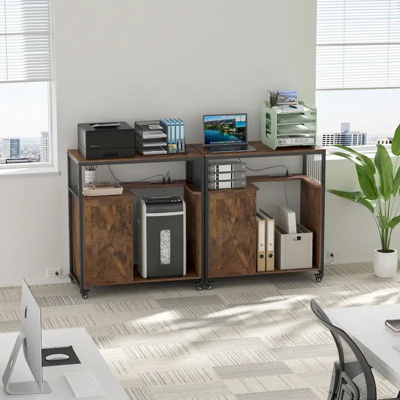 Support d'imprimante avec étagère de rangement, Classeur latéral avec prises de courant et ports de chargement USB