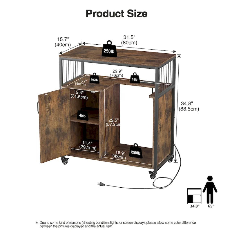 Support d'imprimante avec étagère de rangement, Classeur latéral avec prises de courant et ports de chargement USB
