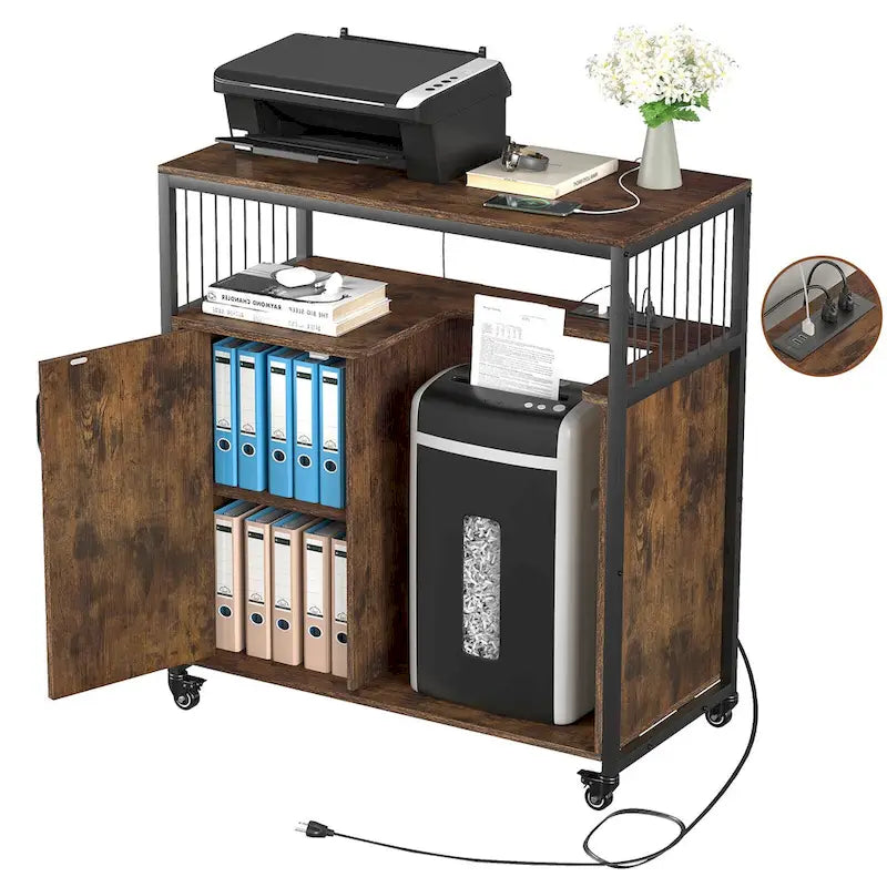 Support d'imprimante avec étagère de rangement, Classeur latéral avec prises de courant et ports de chargement USB
