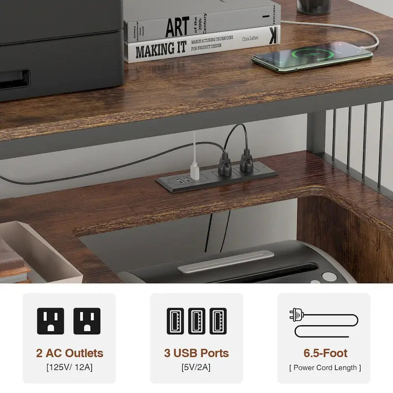 Support d'imprimante avec étagère de rangement, Classeur latéral avec prises de courant et ports de chargement USB