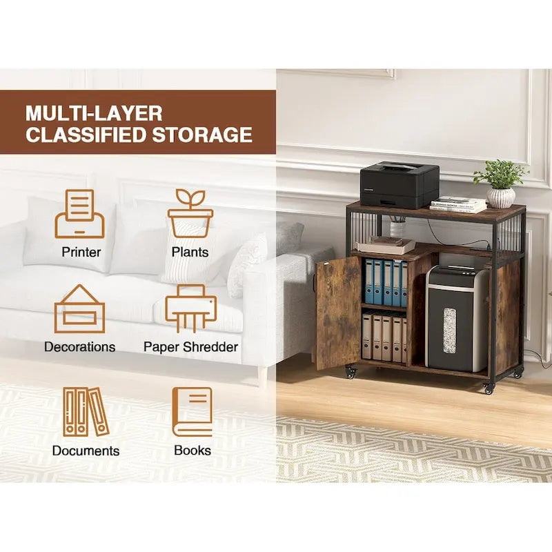 Support d'imprimante avec étagère de rangement, Classeur latéral avec prises de courant et ports de chargement USB