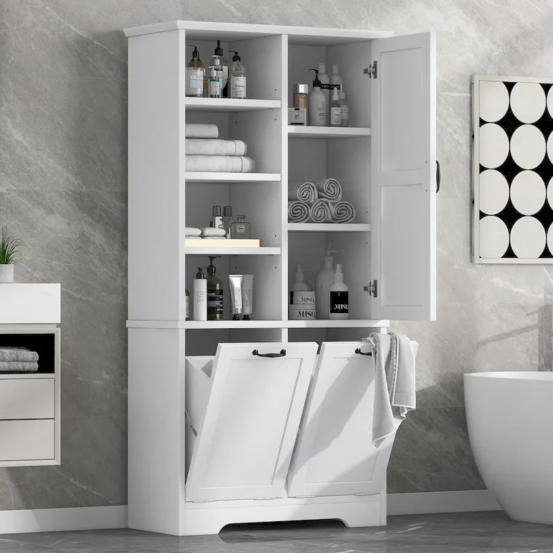 Meuble de rangement de salle de bain avec tiroirs, panier à linge inclinable, multiples espaces de rangement, étagère ouverte, étagère réglable