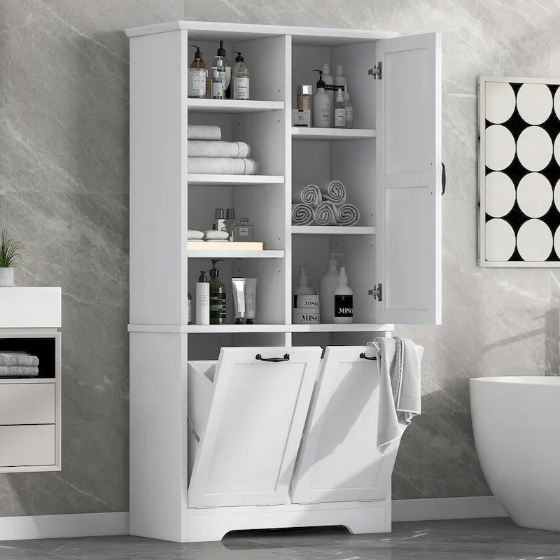 Bathroom Storage Cabinet with Drawers, Tilt-Out Laundry Hamper, Multiple Storage Space, Open Shelve, Adjustable Shelf