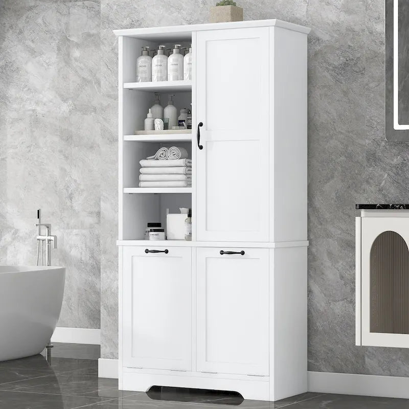 Meuble de rangement de salle de bain avec tiroirs, panier à linge inclinable, multiples espaces de rangement, étagère ouverte, étagère réglable