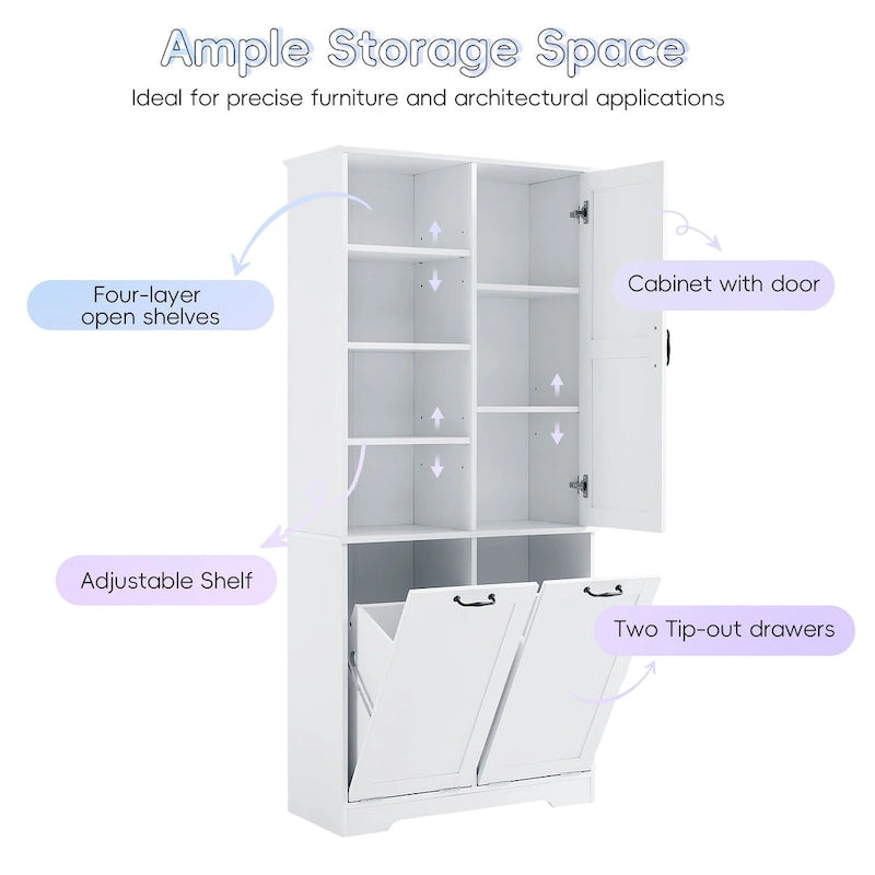 Meuble de rangement de salle de bain avec tiroirs, panier à linge inclinable, multiples espaces de rangement, étagère ouverte, étagère réglable