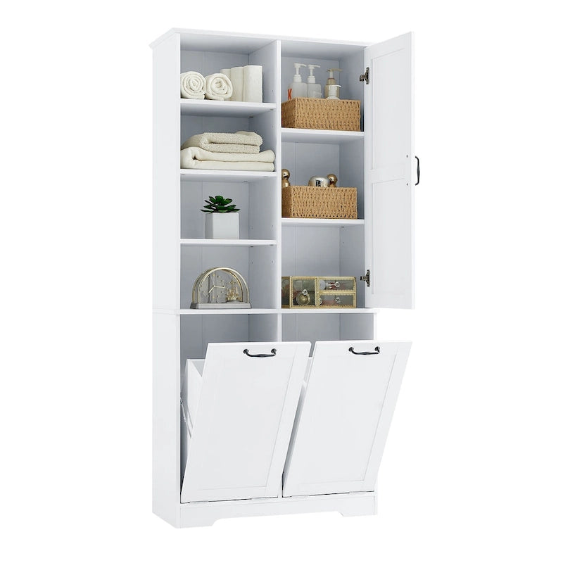 Meuble de rangement de salle de bain avec tiroirs, panier à linge inclinable, multiples espaces de rangement, étagère ouverte, étagère réglable