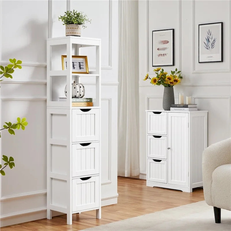 Meuble de rangement de salle de bain moderne avec 3 tiroirs et 2 étagères ouvertes - Blanc