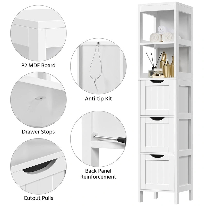 Meuble de rangement de salle de bain moderne avec 3 tiroirs et 2 étagères ouvertes - Blanc