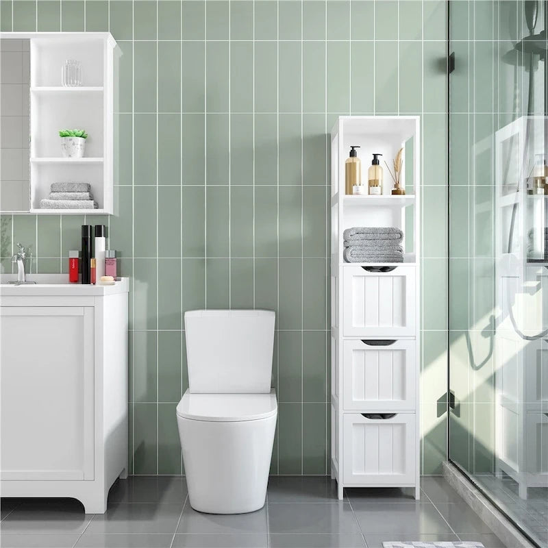 Meuble de rangement de salle de bain moderne avec 3 tiroirs et 2 étagères ouvertes - Blanc
