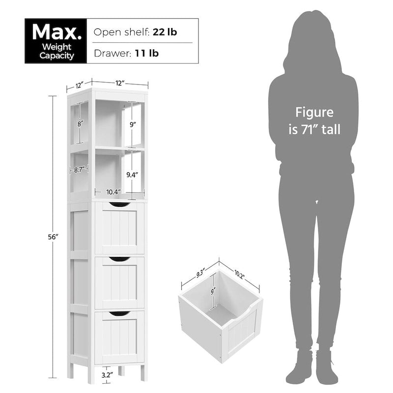 Meuble de rangement de salle de bain moderne avec 3 tiroirs et 2 étagères ouvertes - Blanc