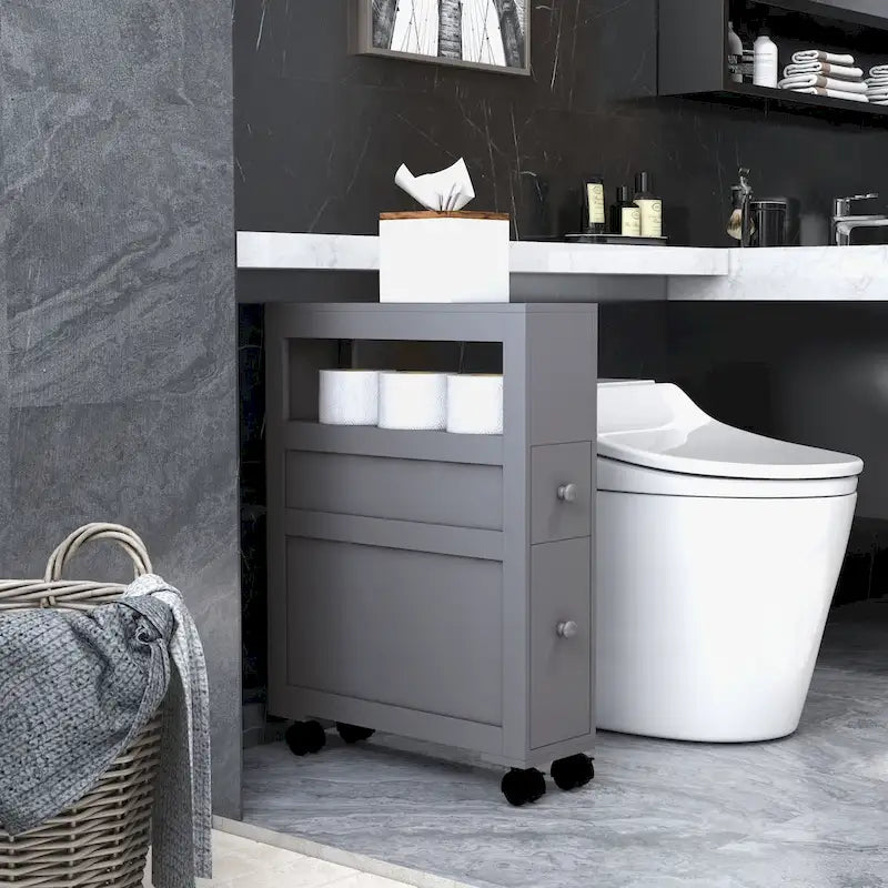 Meuble de rangement étroit en bois à roulettes pour salle de bain