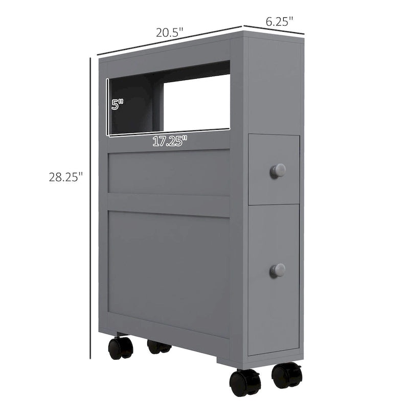 Meuble de rangement étroit en bois à roulettes pour salle de bain