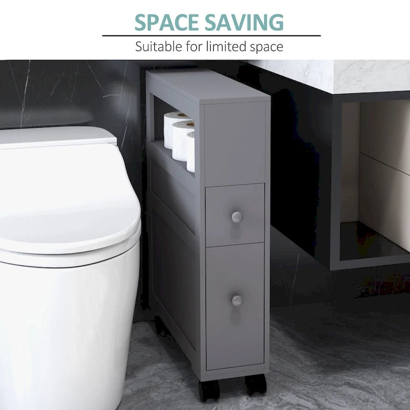 Meuble de rangement étroit en bois à roulettes pour salle de bain