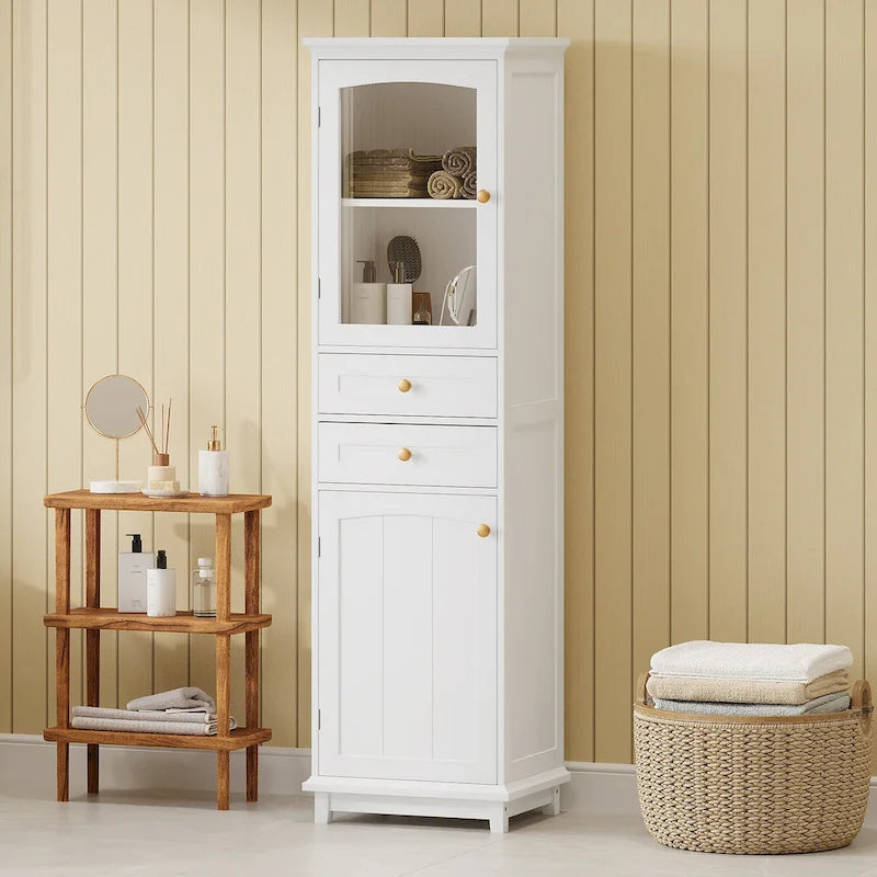 Meuble de Rangement à Linge de 45 cm (L) x 36 cm (P) x 160 cm (H) avec Porte Vitrée et Deux Tiroirs