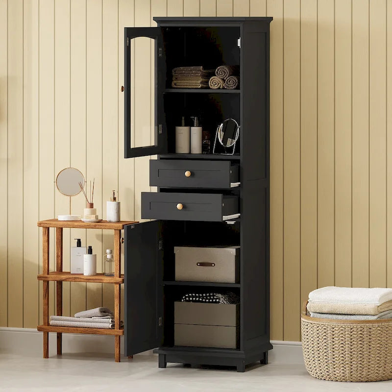 Meuble de Rangement à Linge de 45 cm (L) x 36 cm (P) x 160 cm (H) avec Porte Vitrée et Deux Tiroirs