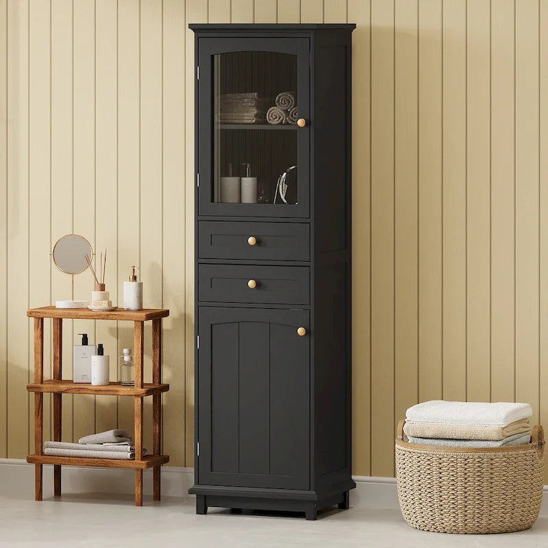 Meuble de Rangement à Linge de 45 cm (L) x 36 cm (P) x 160 cm (H) avec Porte Vitrée et Deux Tiroirs