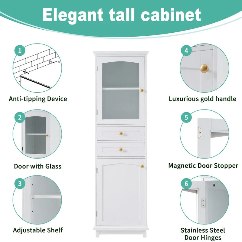 Meuble de Rangement à Linge de 45 cm (L) x 36 cm (P) x 160 cm (H) avec Porte Vitrée et Deux Tiroirs