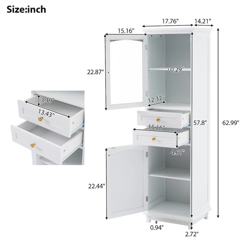 Meuble de Rangement à Linge de 45 cm (L) x 36 cm (P) x 160 cm (H) avec Porte Vitrée et Deux Tiroirs