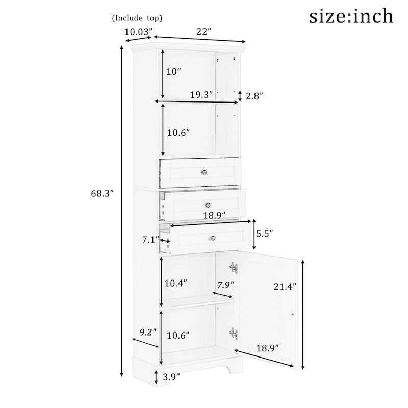 Armoire de rangement haute avec 3 tiroirs et des étagères réglables