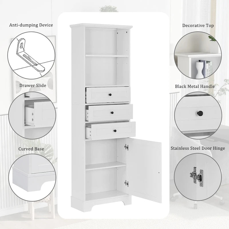 Armoire de rangement haute avec 3 tiroirs et des étagères réglables