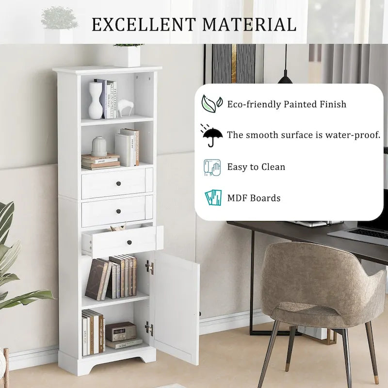 Armoire de rangement haute avec 3 tiroirs et des étagères réglables