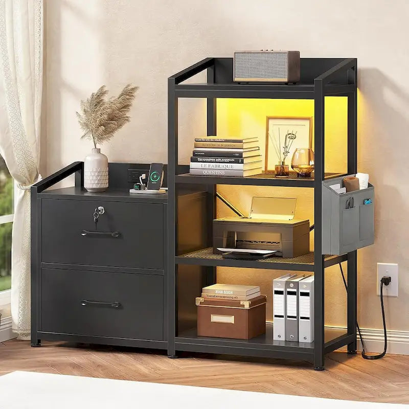 File Cabinet 2 Drawers Power Strip, LED Lights, Lock, Open Shelf