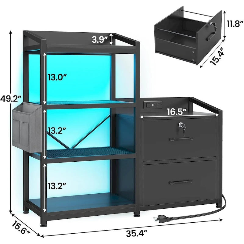 Meuble de rangement à 2 tiroirs avec multiprise, éclairage LED, serrure, étagère ouverte