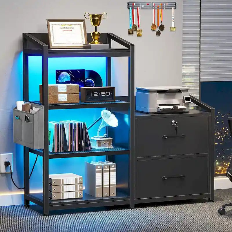Meuble de rangement à 2 tiroirs avec multiprise, éclairage LED, serrure, étagère ouverte