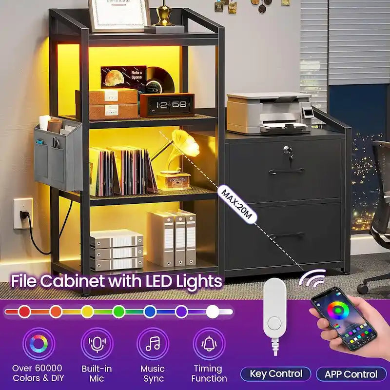 Meuble de rangement à 2 tiroirs avec multiprise, éclairage LED, serrure, étagère ouverte