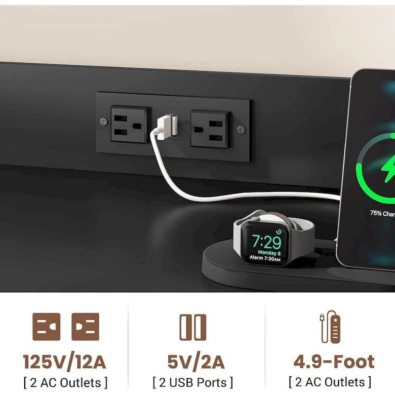Meuble de rangement à 2 tiroirs avec multiprise, éclairage LED, serrure, étagère ouverte